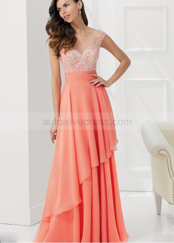 Sheer Tulle V Back Beaded Lace Long Chiffon Prom Dress